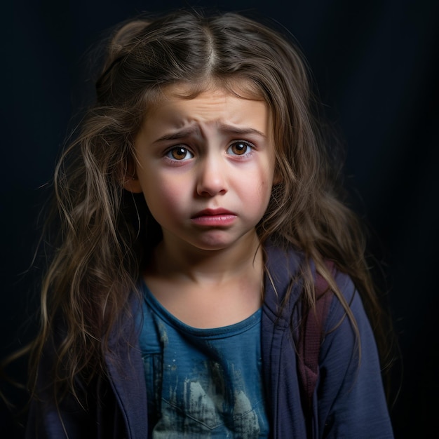 uma menina com cabelo comprido e uma camisa azul