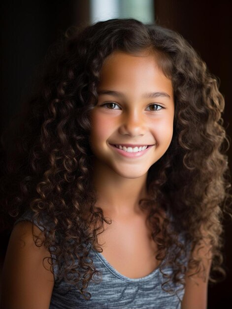 Uma menina com cabelo encaracolado e um vestido azul