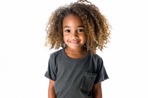 Foto uma menina com cabelo encaracolado e uma camisa cinzenta que diz a palavra
