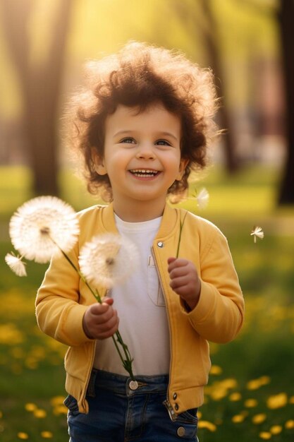 Foto uma menina com cabelo encaracolado e uma jaqueta amarela segura dente-de-leão em um parque