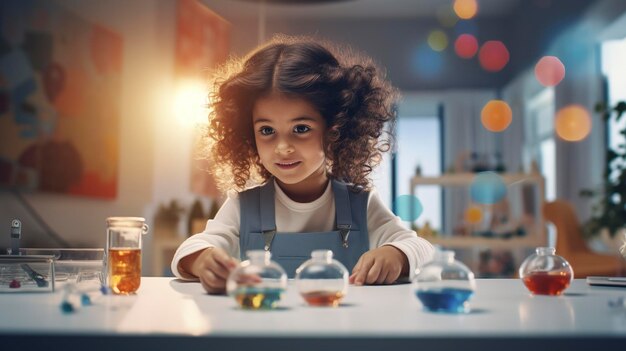 Foto uma menina com cabelo encaracolado está brincando com uma caixa de brinquedo de gelatina