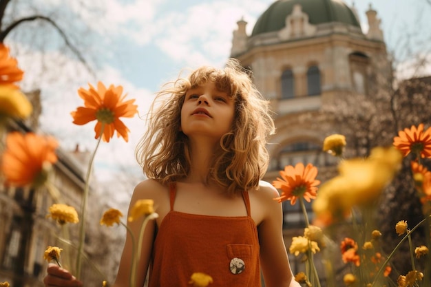 uma menina com cabelo encaracolado está em um campo de flores