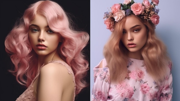 Uma menina com cabelo rosa e uma coroa de flores