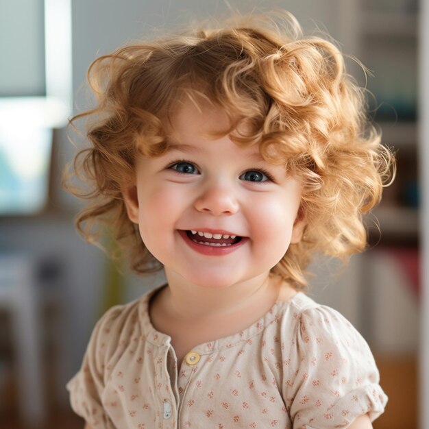 Uma menina com cabelos cacheados está sorrindo para a câmera