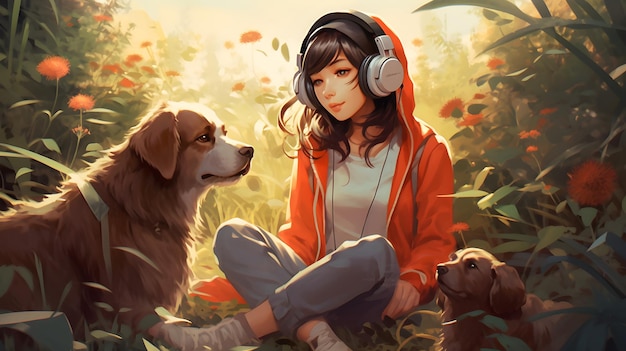 Uma menina com dois cachorros em um campo