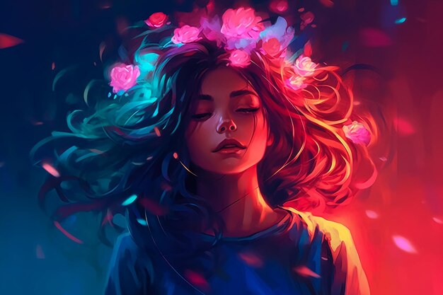 Uma menina com flores na cabeça