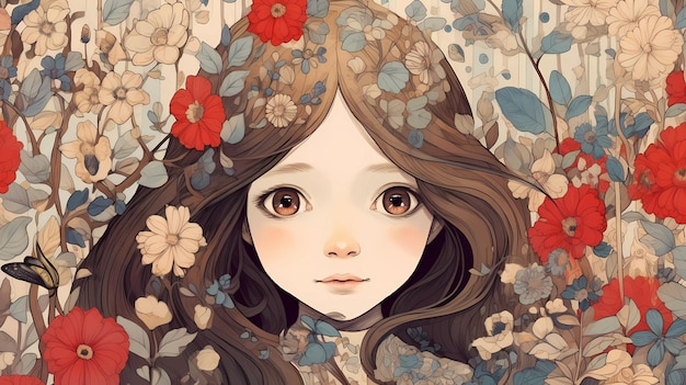 Uma menina com flores na cabeça