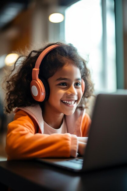 Foto uma menina com fones de ouvido e um laptop no colo