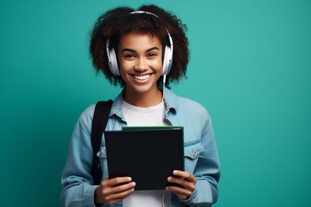 Foto uma menina com fones de ouvido segurando um livro com um fundo verde