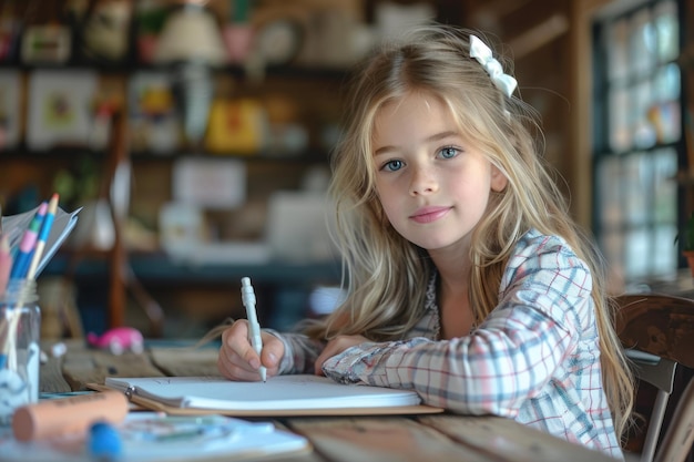 Uma menina com o cabelo fluindo senta-se em uma mesa de estudo e escreve em um caderno de escolarização em casa crianças da escola primária