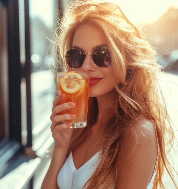 Uma menina com óculos de sol segura um copo de limonada refrescante à luz do sol brilhante Retrato de verão