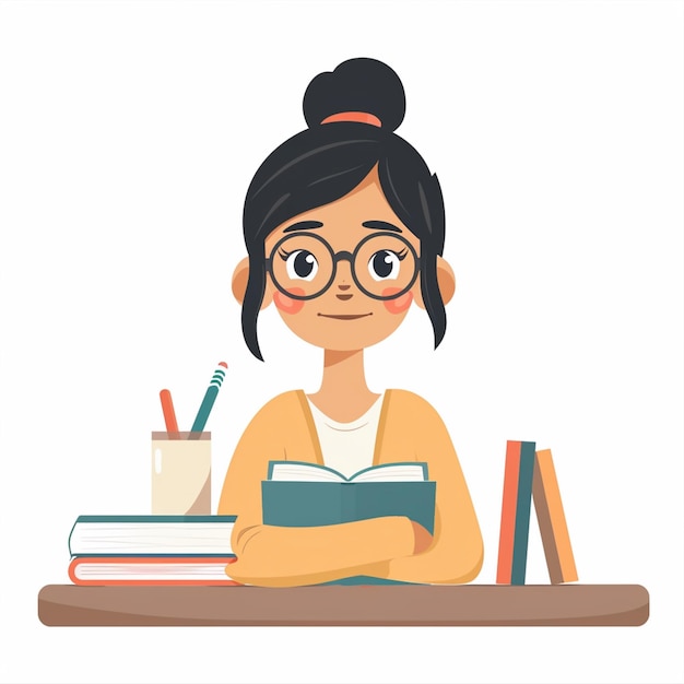uma menina com óculos e um livro com uma palha na mão