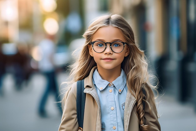 Uma menina com óculos e uma camisa com uma camisa azul e uma jaqueta marrom