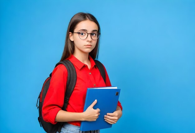 Foto uma menina com óculos e uma camisa vermelha está segurando um livro