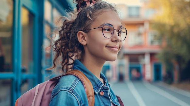 Foto uma menina com óculos e uma mochila