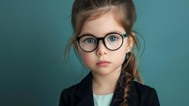 Uma menina com óculos olhando para a câmera com uma expressão séria no rosto ela está vestindo um casaco e tem o cabelo em um rabo de cavalo