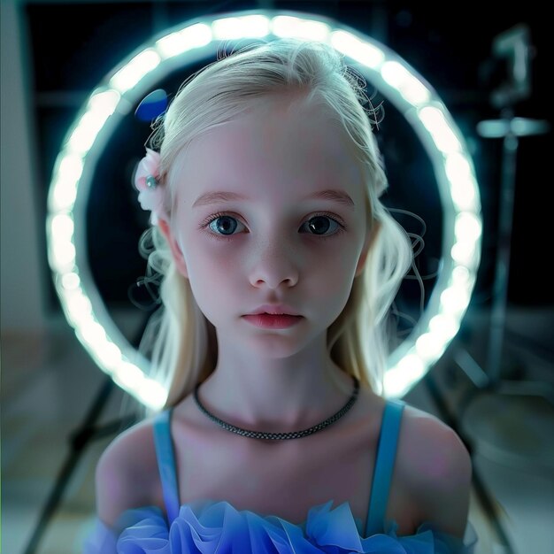 Foto uma menina com olhos azuis e um vestido azul está em frente a um espelho generativo ai