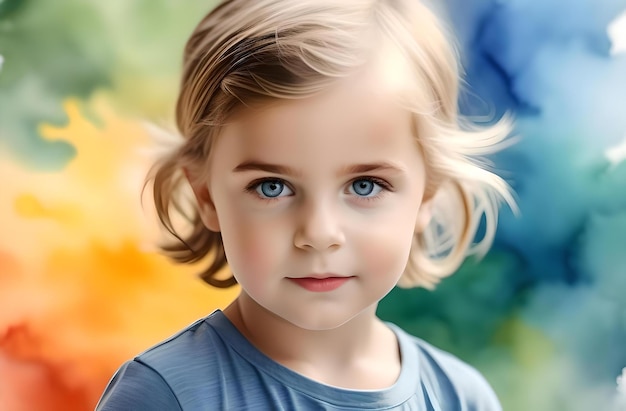 uma menina com olhos azuis e uma camisa azul