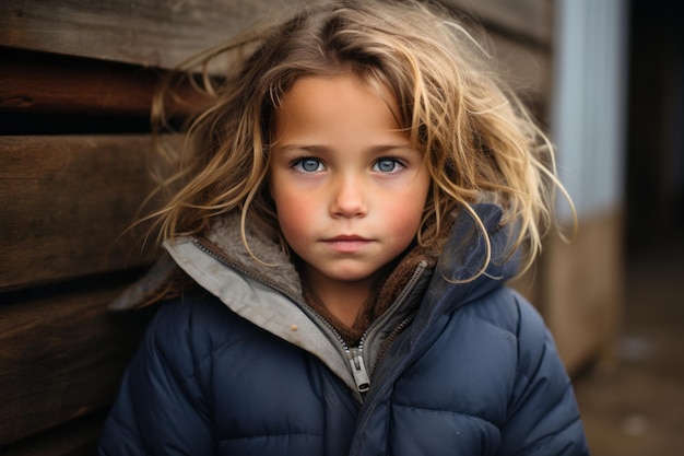 uma menina com olhos azuis e uma jaqueta azul