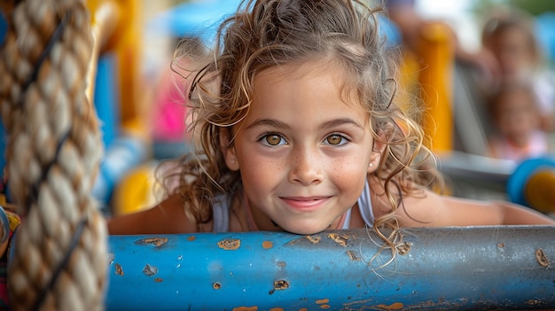 uma menina com olhos castanhos e uma camisola azul