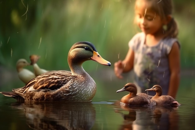 Uma menina com patos na chuva