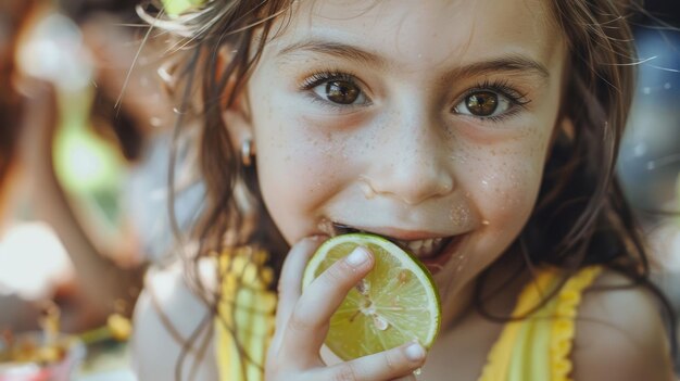 Foto uma menina com sardas está comendo uma fatia de limão