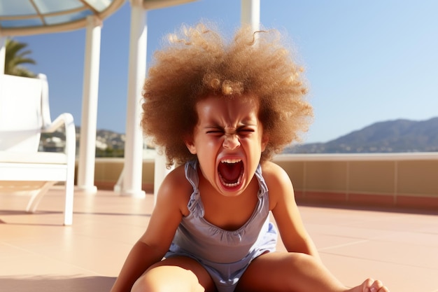 Uma menina com um afro está gritando no chão.