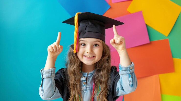 Foto uma menina com um boné de formatura apontando para cima com o dedo indicador