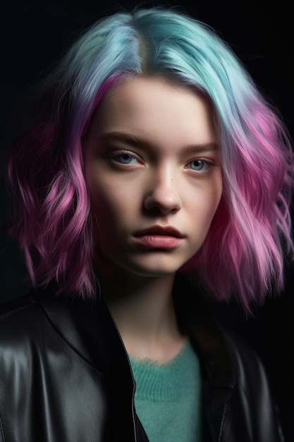 Uma menina com um cabelo azul e rosa