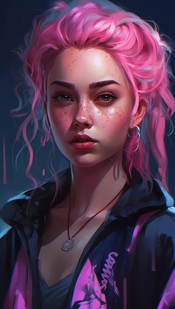 Uma menina com um cabelo rosa