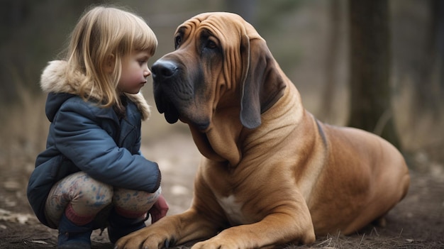 Uma menina com um cachorro