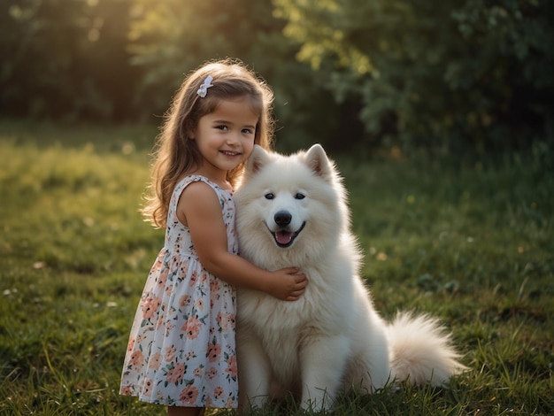 uma menina com um cão nos braços