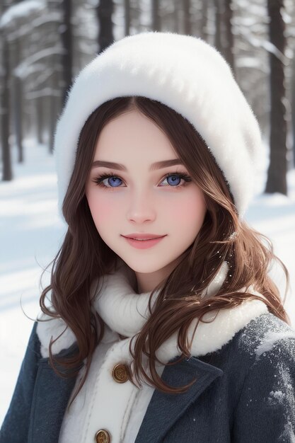 Uma menina com um chapéu branco e olhos azuis está na neve.