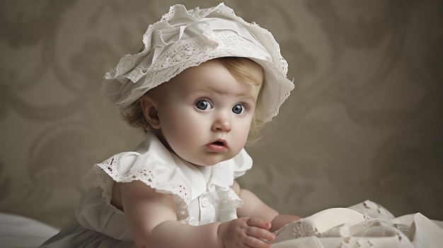 Uma menina com um chapéu branco e um vestido branco está sentada em uma mesa.