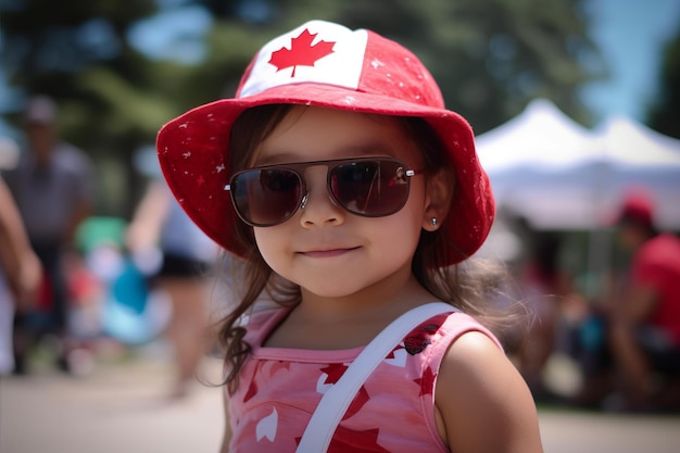 Uma menina com um chapéu canadense e óculos de sol sorri para a câmera