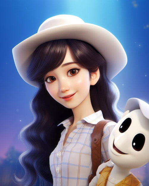 uma menina com um chapéu de cowboy segurando uma pequena boneca branca