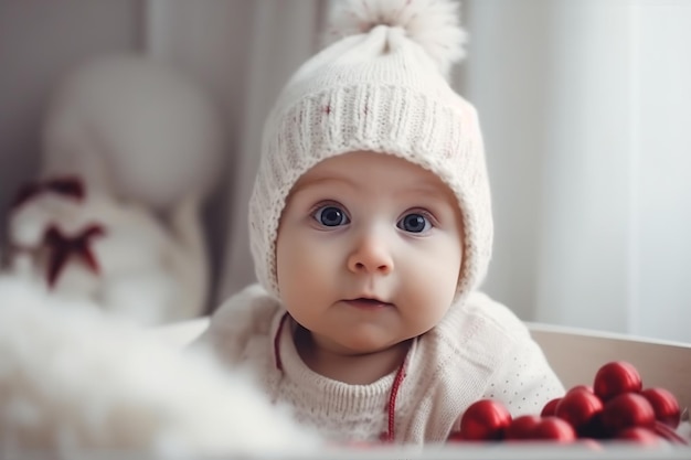 Uma menina com um chapéu de lã com um retrato de bumbone