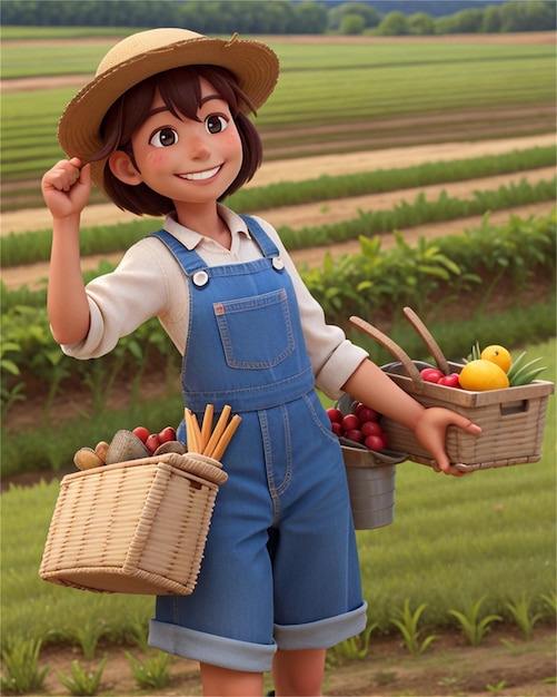 uma menina com um chapéu de palha segura uma cesta de frutas e uma cesta de fruta