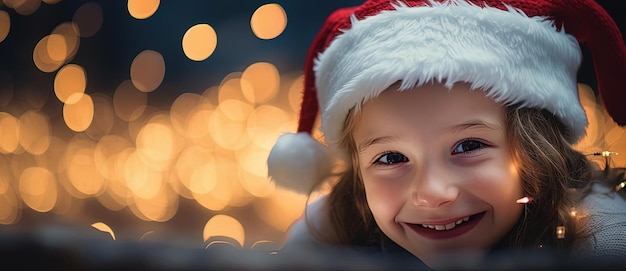 uma menina com um chapéu de Papai Noel está sorrindo na frente de um fundo de luzes de Natal no estilo de childlik