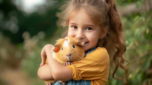 Uma menina com um coelho-da-índia bonito nos braços.