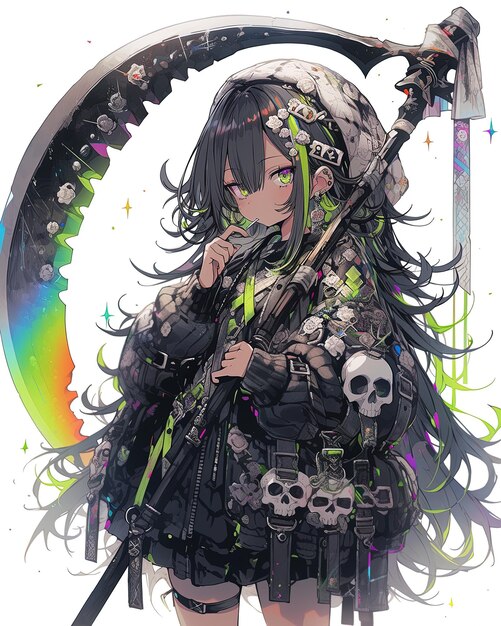 uma menina com um crânio e ossos cruzados em sua cabeça está de pé na frente de um fundo colorido arco-íris