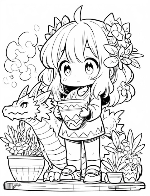 Foto uma menina com um dragão e uma planta em vaso em sua mão generativa ai