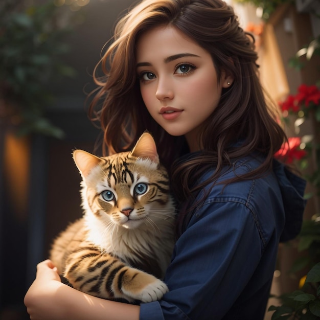Uma menina com um gato castanho e branco