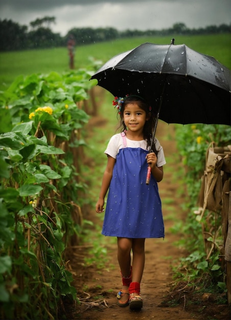 uma menina com um guarda-chuva caminha na chuva