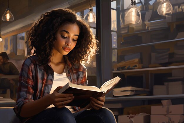 Foto uma menina com um livro nas mãos na biblioteca