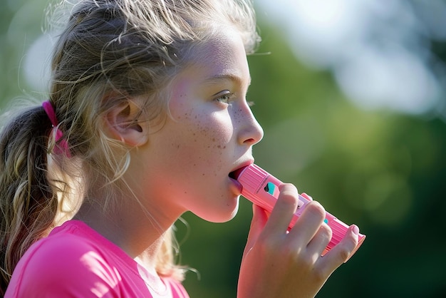 Foto uma menina com um objeto rosa na boca está comendo um objeto rosa