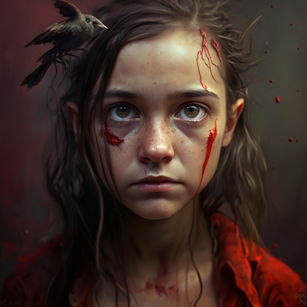 Foto uma menina com um pássaro na cabeça e uma camisa vermelha com sangue no cabelo.