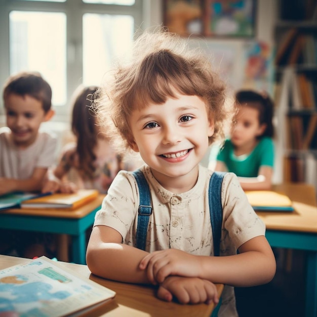 uma menina com um sorriso no rosto está sentada em frente a um livro com outras crianças ao fundo.