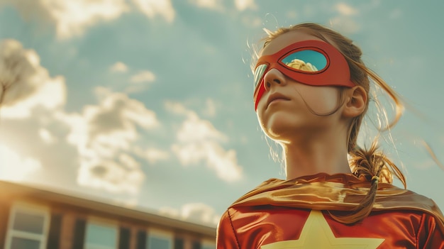 Uma menina com um traje de super-herói de pé lá fora olhando para o céu com esperança nos olhos ela está vestindo um traje vermelho e dourado e uma máscara