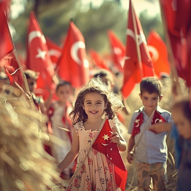 uma menina com uma bandeira vermelha e um grupo de crianças na frente dela